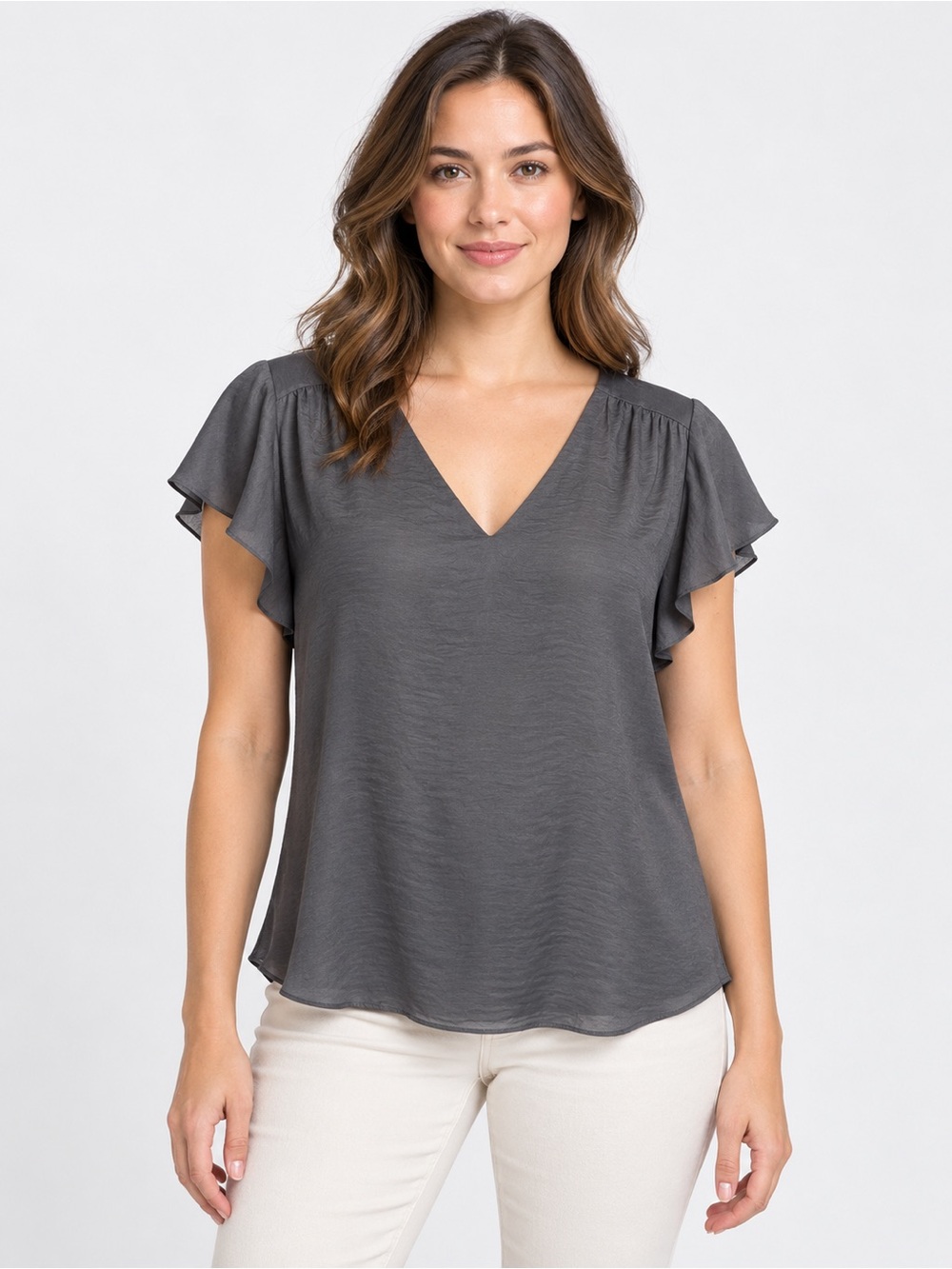 H&M Charcoal Gray Flutter Sleeve V-Neck Blouse Size 8